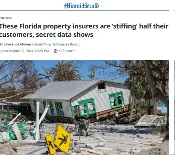 Newspaper headline about hurricane damage and insurance issues