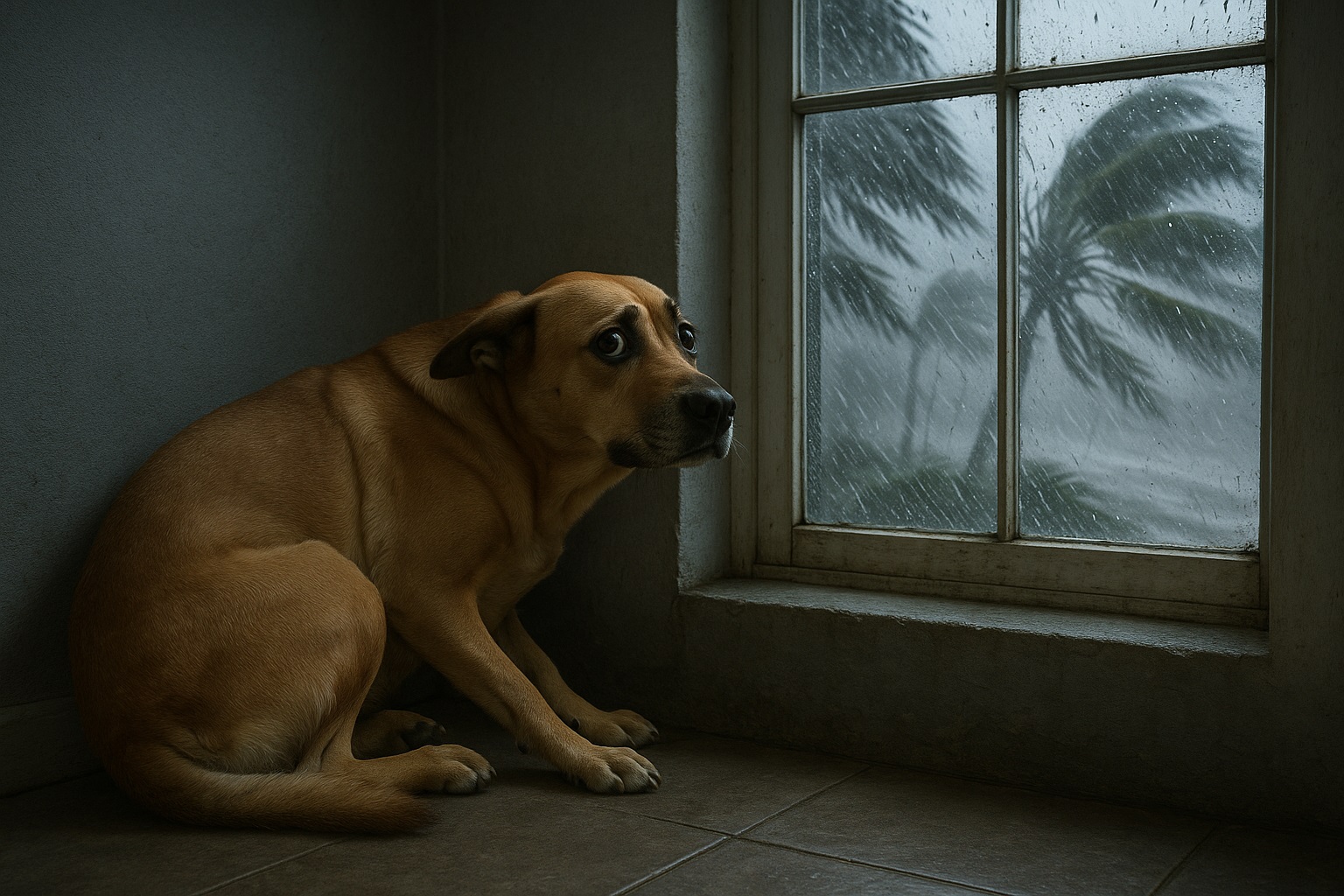 Dog cowering near a window during a hurricane