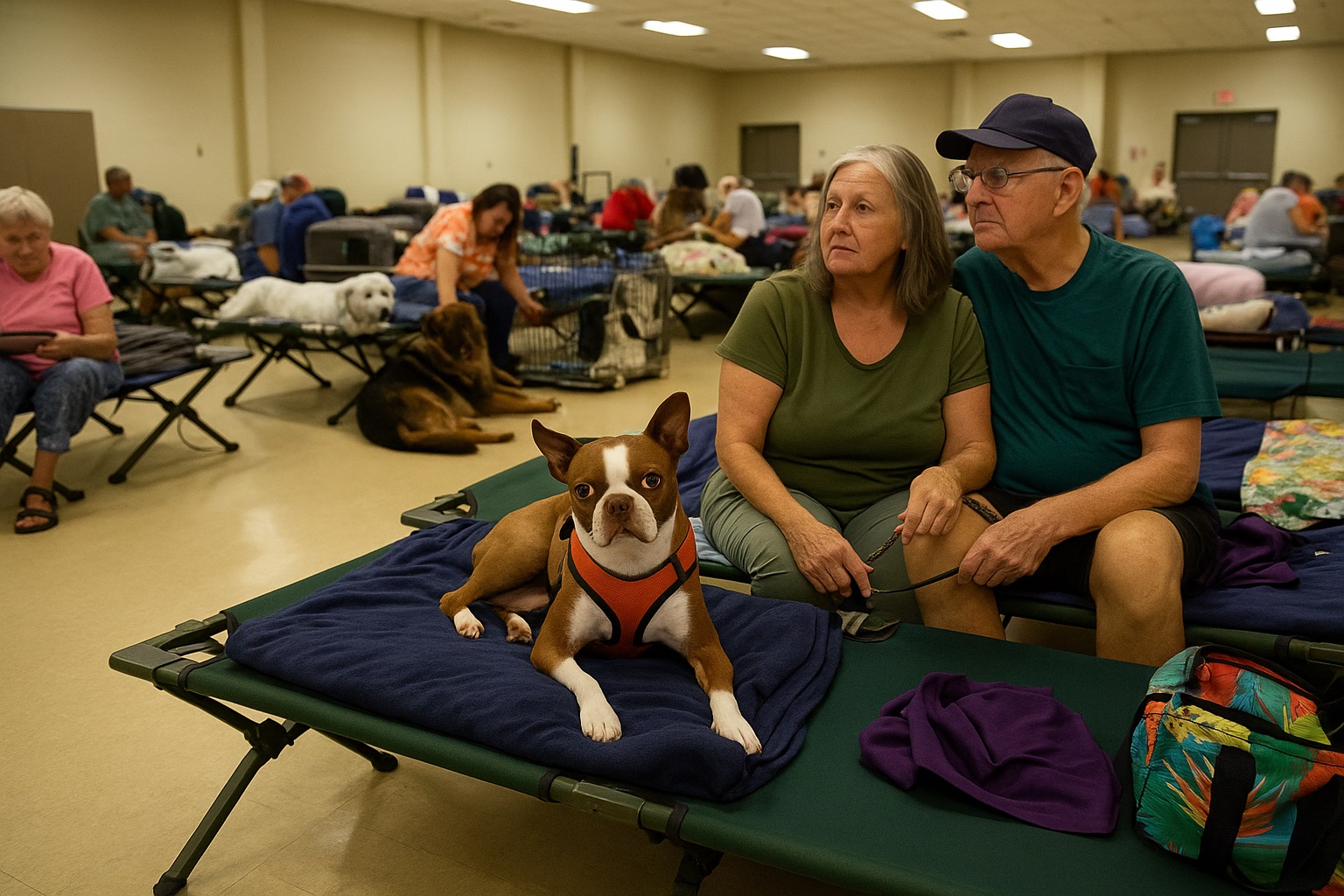 Pets and owners inside a pet-friendly emergency shelter in a gymnasium