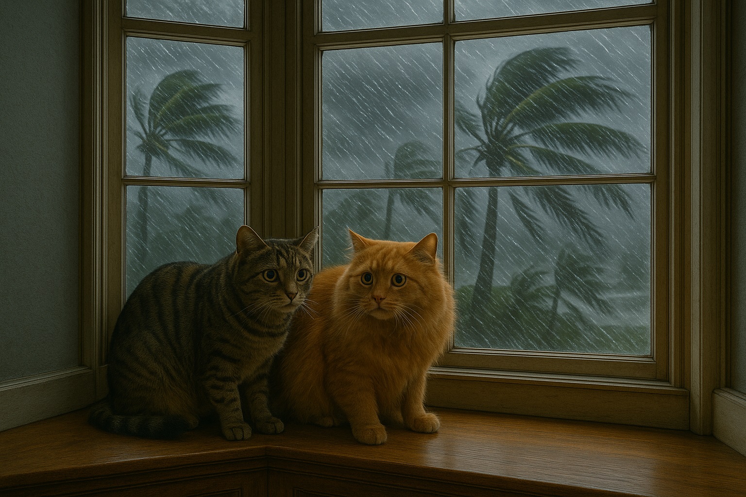 Two cats watching a storm through a bay window
